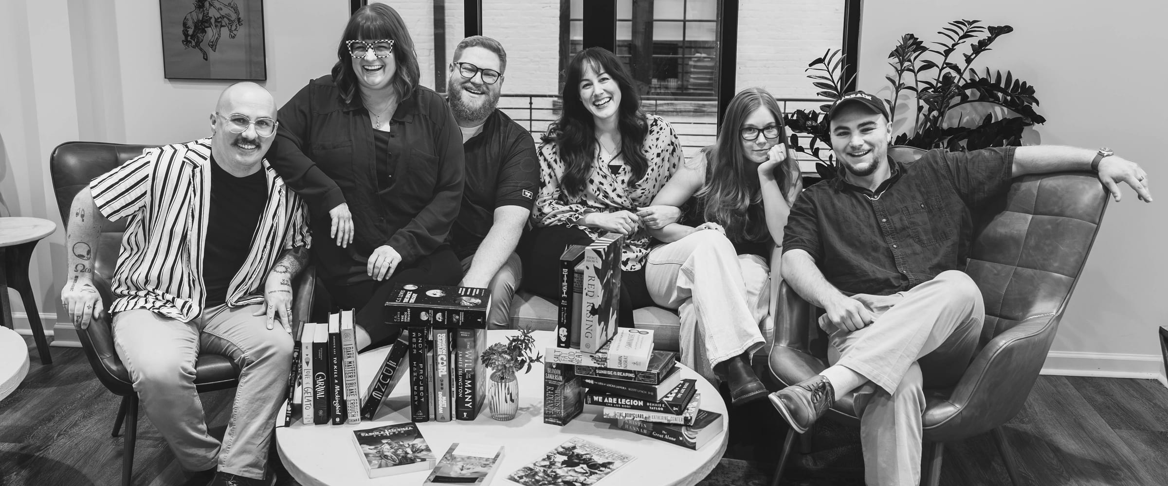 Black-and-white portrait of the Lion Publishing team together in their Tennessee office
